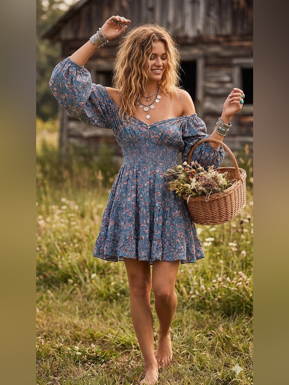 ANGIE Boho Smocked Waist Floral Mini Dress Medium